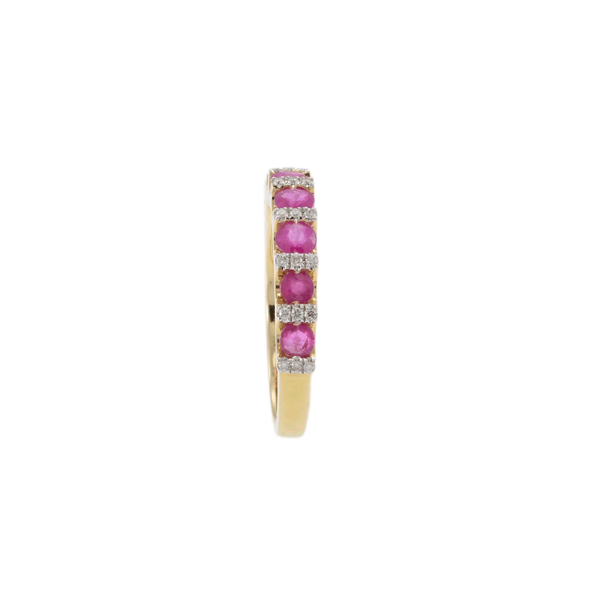 14KT Yellow Gold Ruby and Diamond Alternating Ring For Sale 2