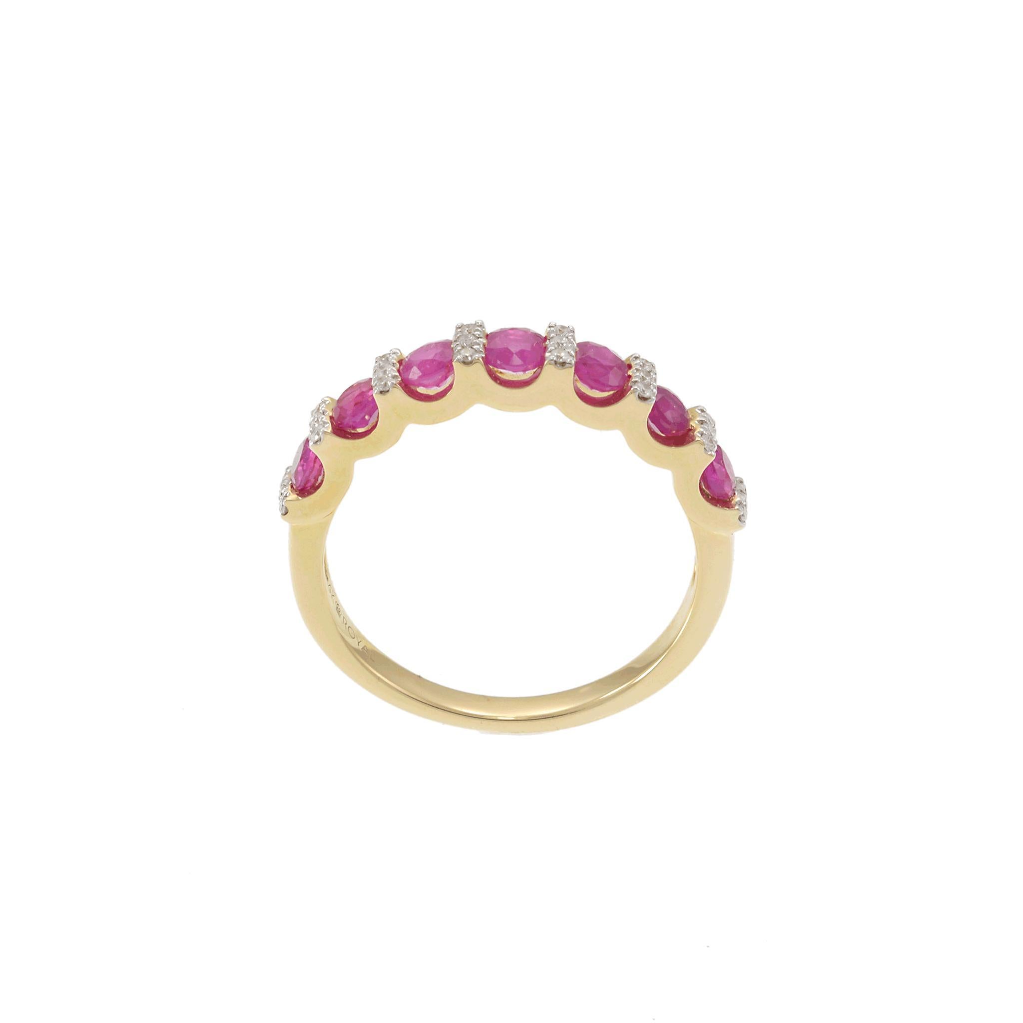 14KT Yellow Gold Ruby and Diamond Alternating Ring For Sale 3