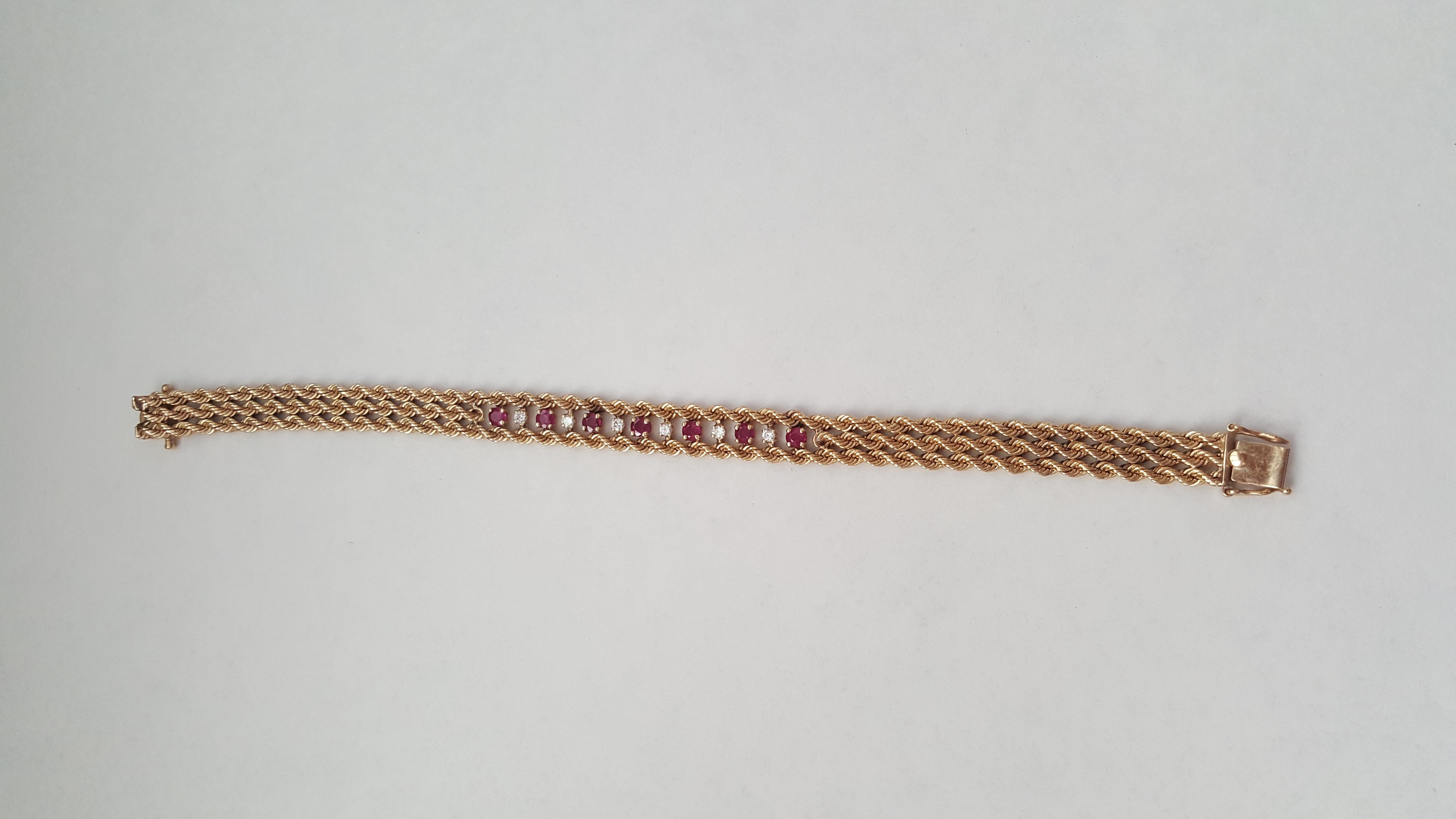 Round Cut 14 Karat Yellow Gold Ruby and Diamond Rope Bracelet, 17.3 Grams For Sale