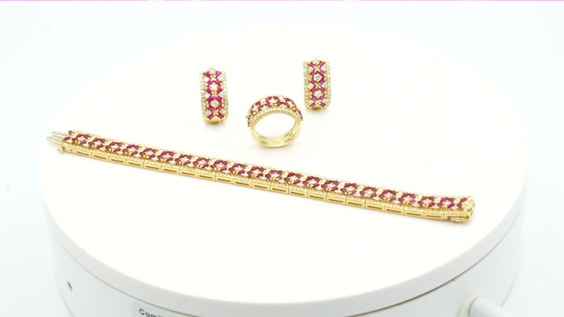 Estate 14kt yellow gold, ruby and diamond trio jewelry set in excellent like new condition. This set is rich tone 14kt yellow gold, rich red baguette cut rubies, and round brilliant diamonds. The set has been hardly worn and looks brand new, and the