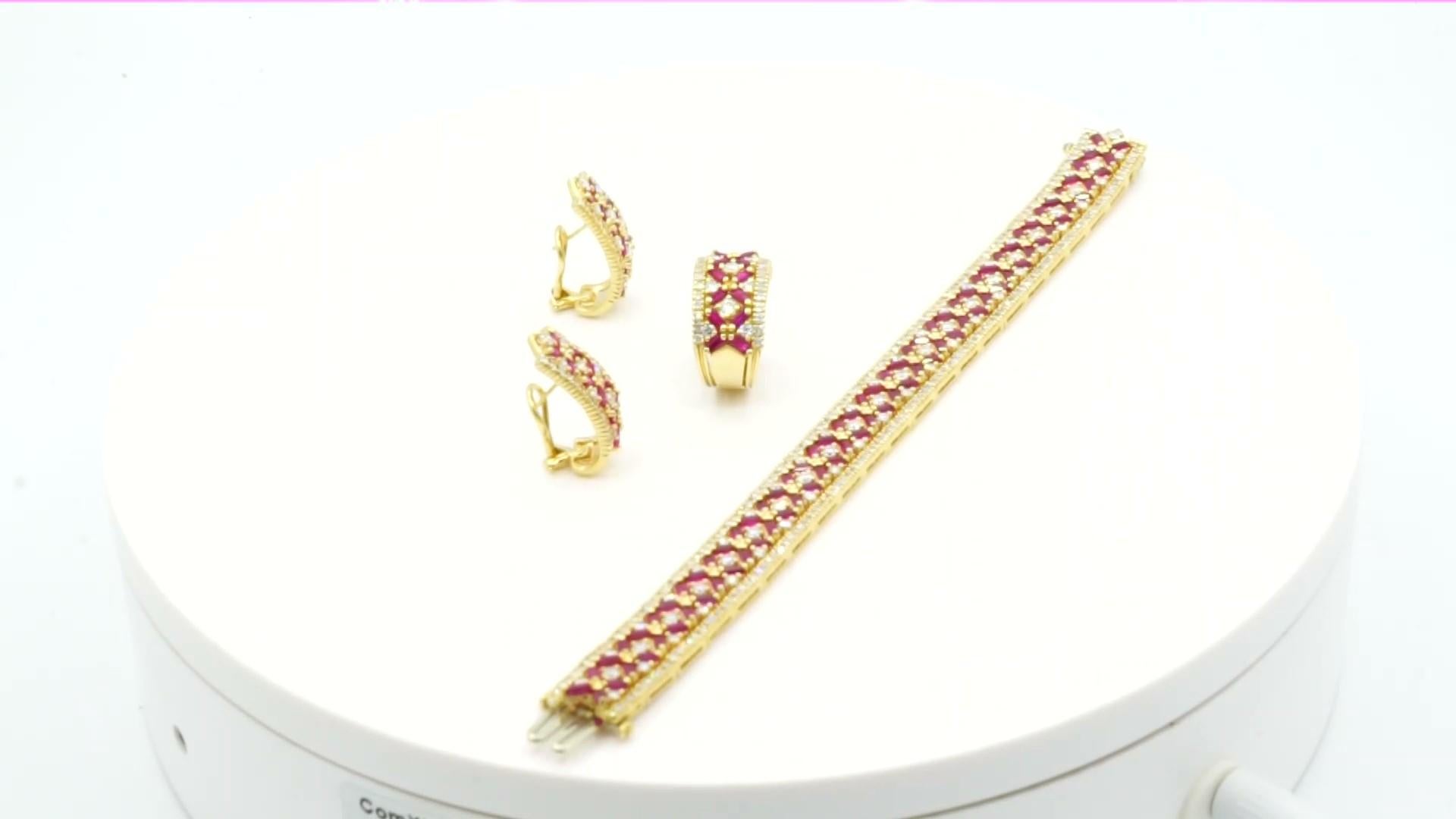 Contemporary 14 Karat Yellow Gold Ruby and Diamond Trio Set Ring, Earrings and Bracelet Set