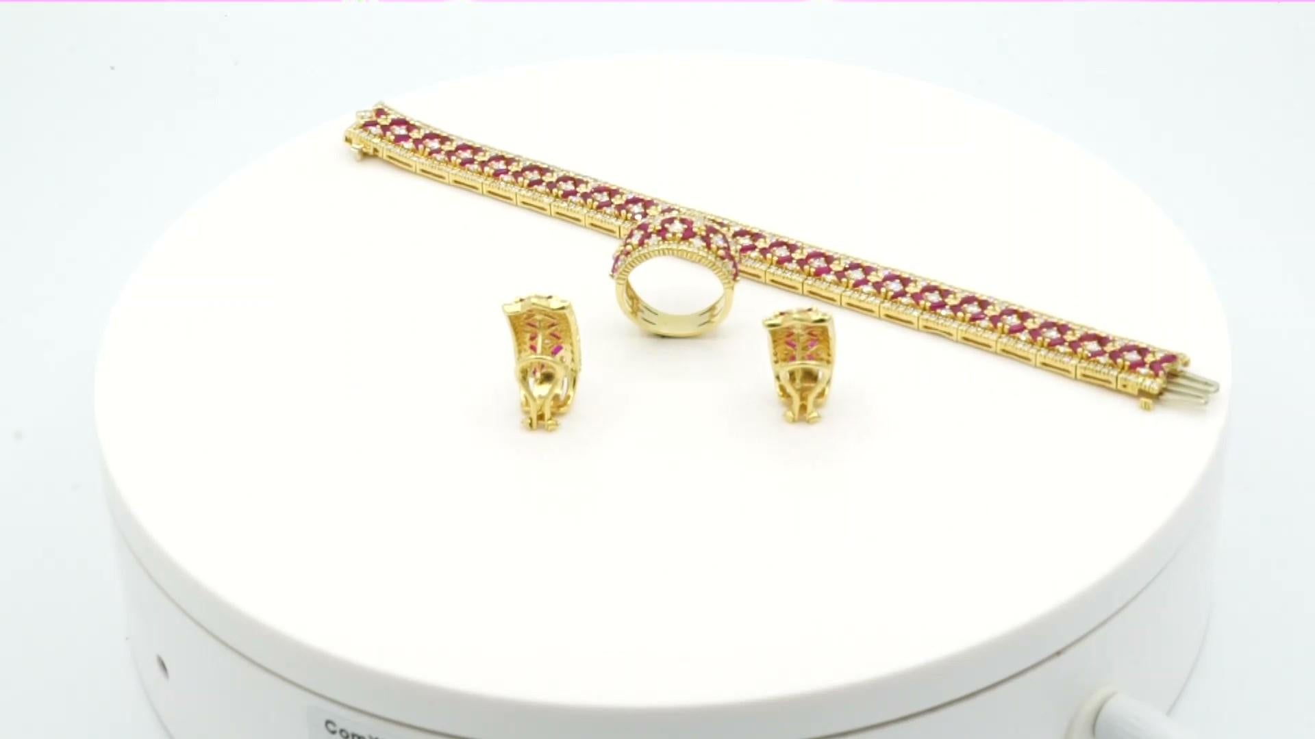 Baguette Cut 14 Karat Yellow Gold Ruby and Diamond Trio Set Ring, Earrings and Bracelet Set