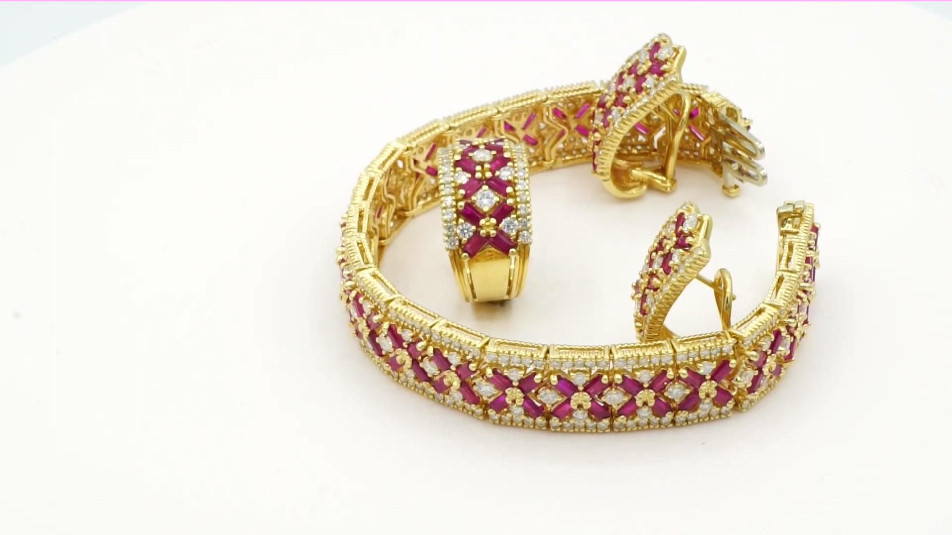 14 Karat Yellow Gold Ruby and Diamond Trio Set Ring, Earrings and Bracelet Set In Excellent Condition In Rancho Santa Fe, CA
