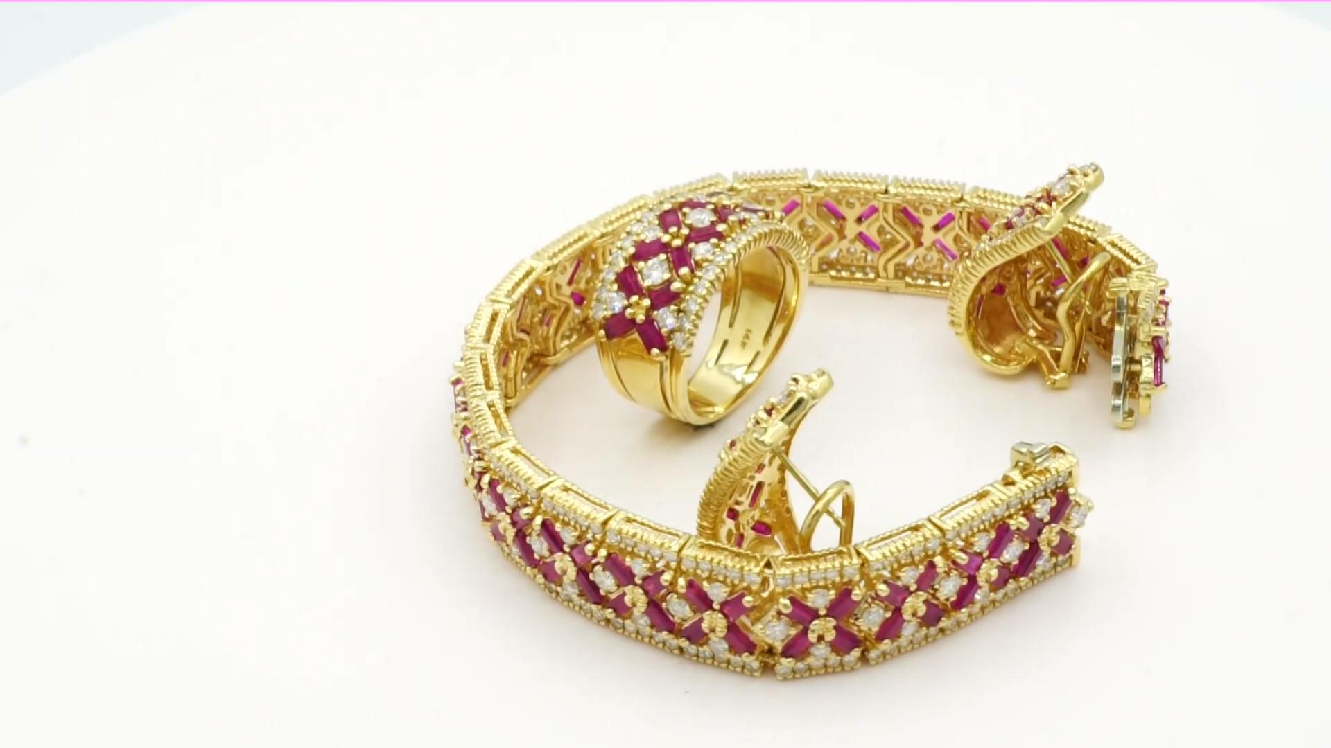 Women's or Men's 14 Karat Yellow Gold Ruby and Diamond Trio Set Ring, Earrings and Bracelet Set