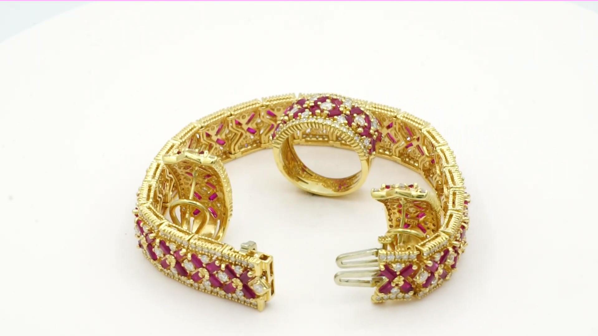 14 Karat Yellow Gold Ruby and Diamond Trio Set Ring, Earrings and Bracelet Set 1