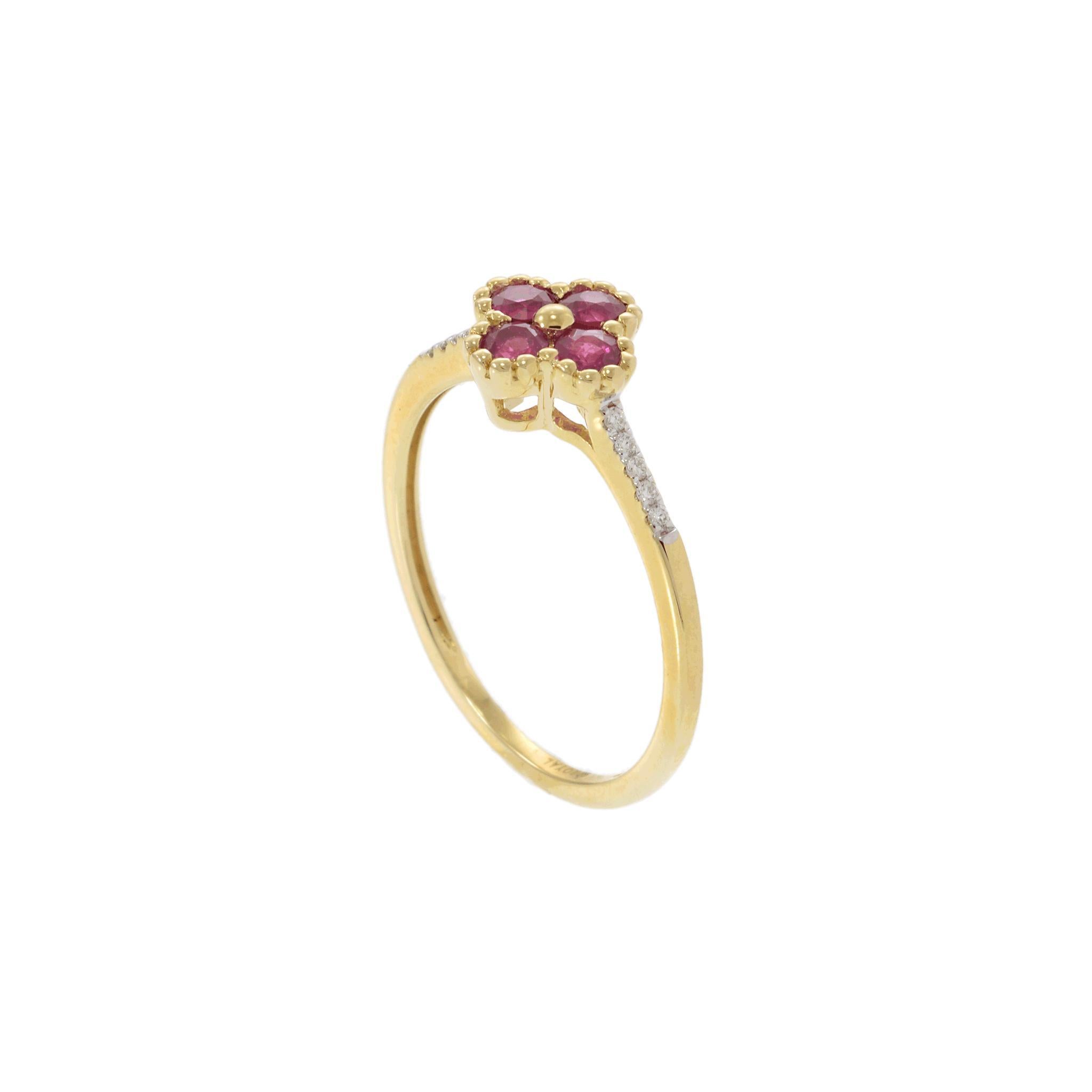 Women's 14KT Yellow Gold Ruby Clover Flower and Diamond Accent Ring For Sale