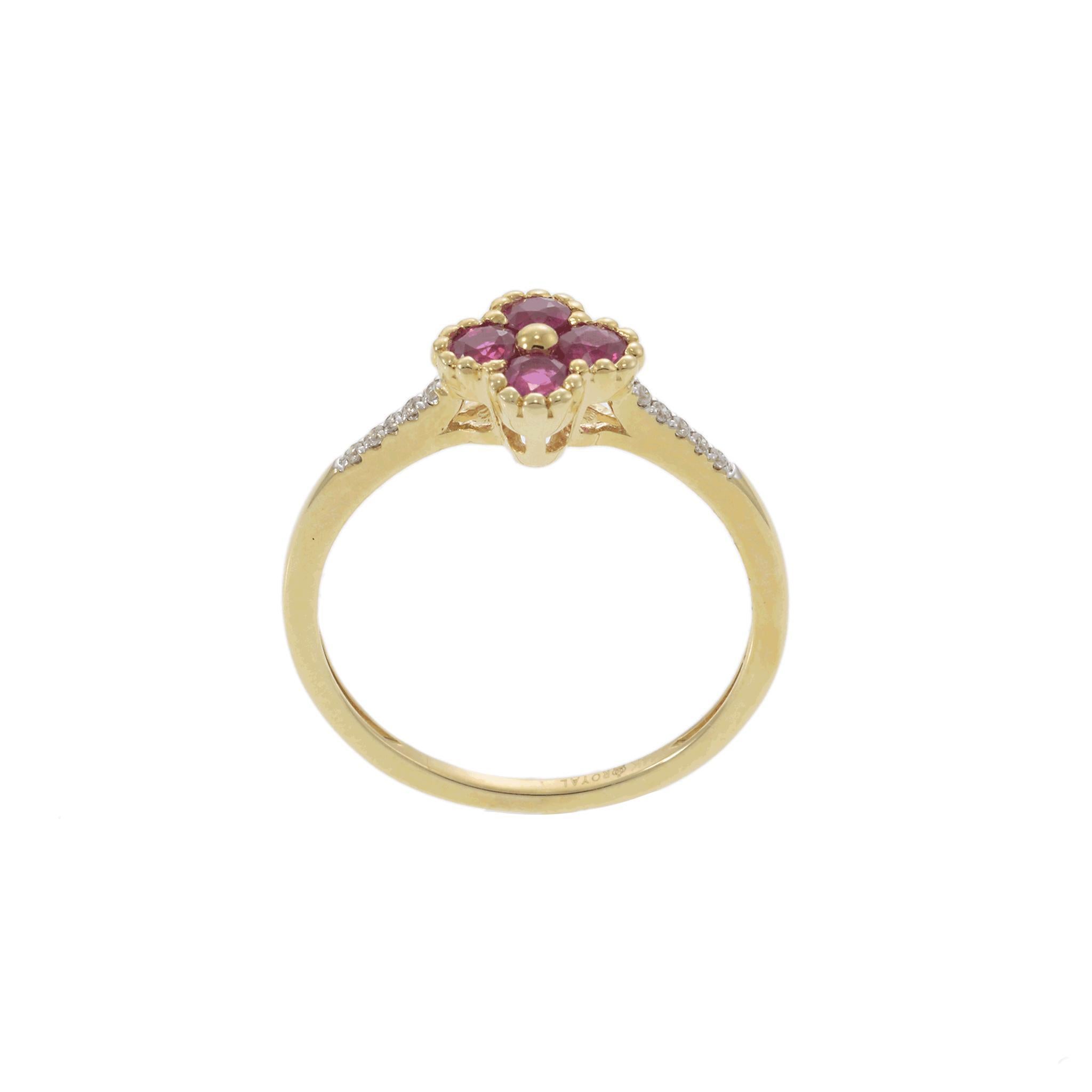 14KT Yellow Gold Ruby Clover Flower and Diamond Accent Ring For Sale 2