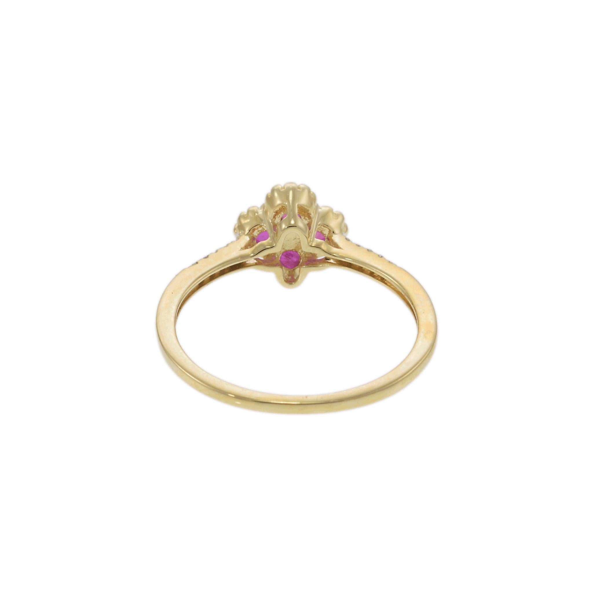 14KT Yellow Gold Ruby Clover Flower and Diamond Accent Ring For Sale 3