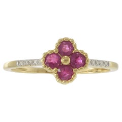 14KT Yellow Gold Ruby Clover Flower and Diamond Accent Ring