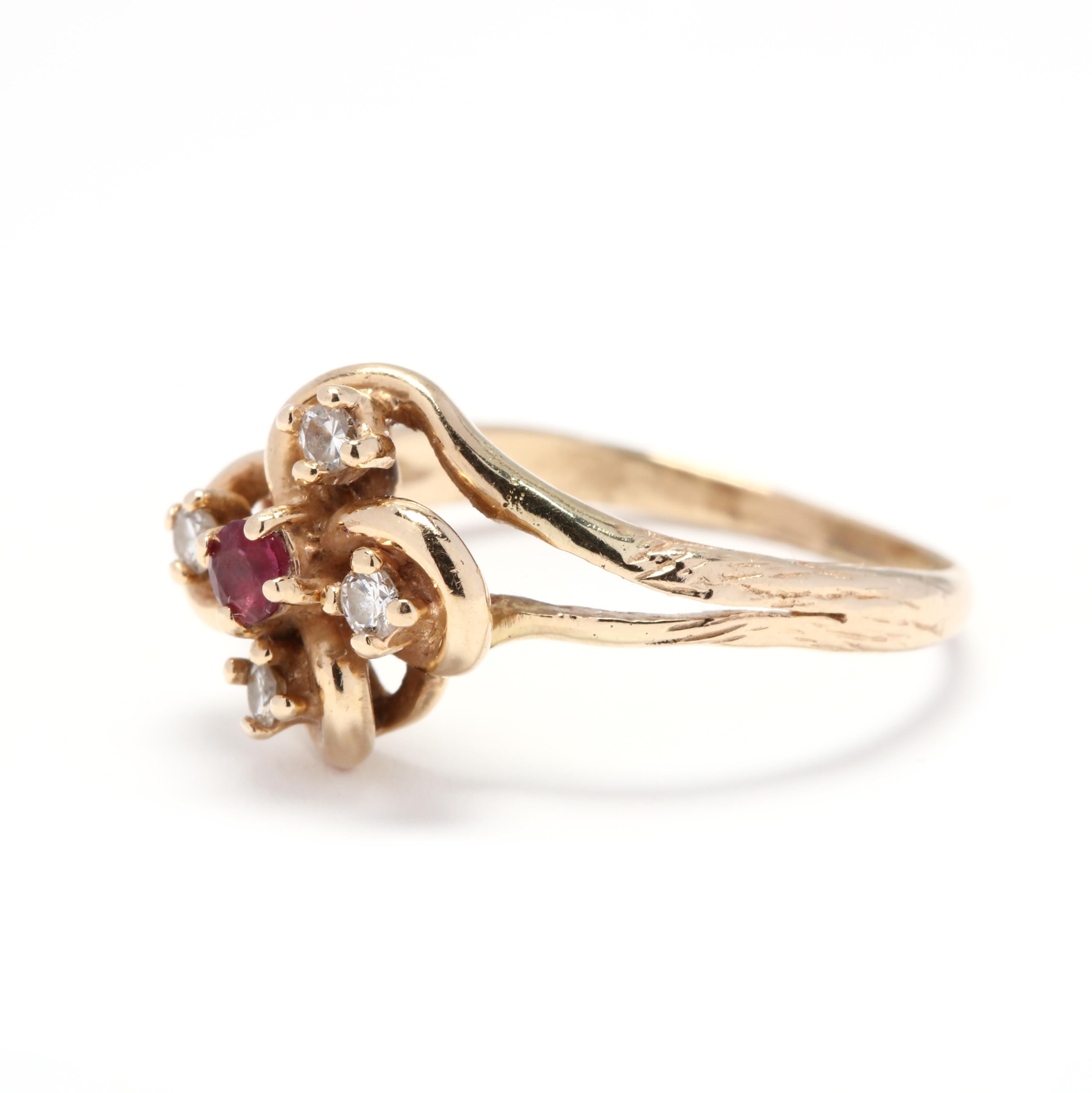 14 Karat Yellow Gold, Ruby and Diamond Flower Ring In Good Condition In McLeansville, NC