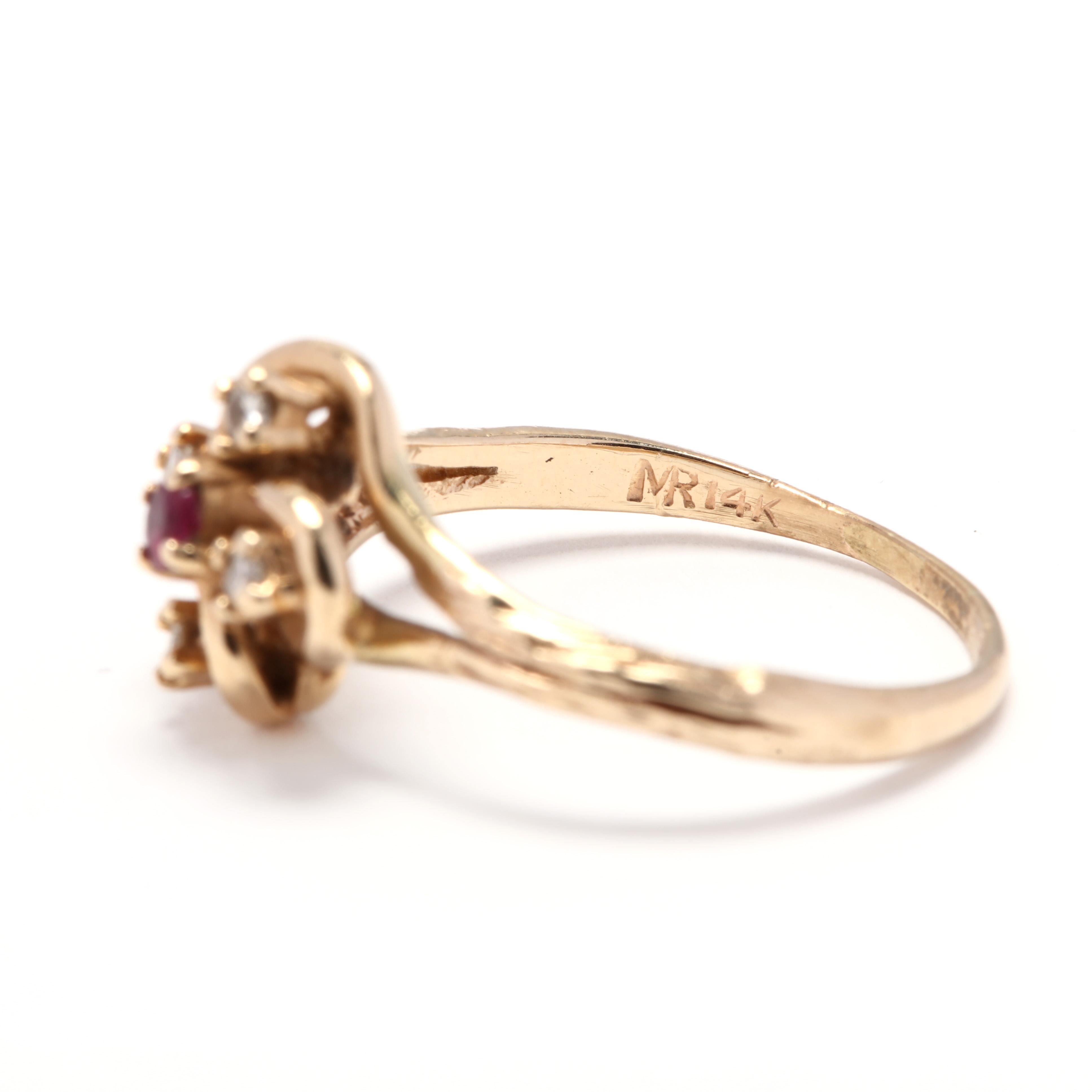 Women's or Men's 14 Karat Yellow Gold, Ruby and Diamond Flower Ring