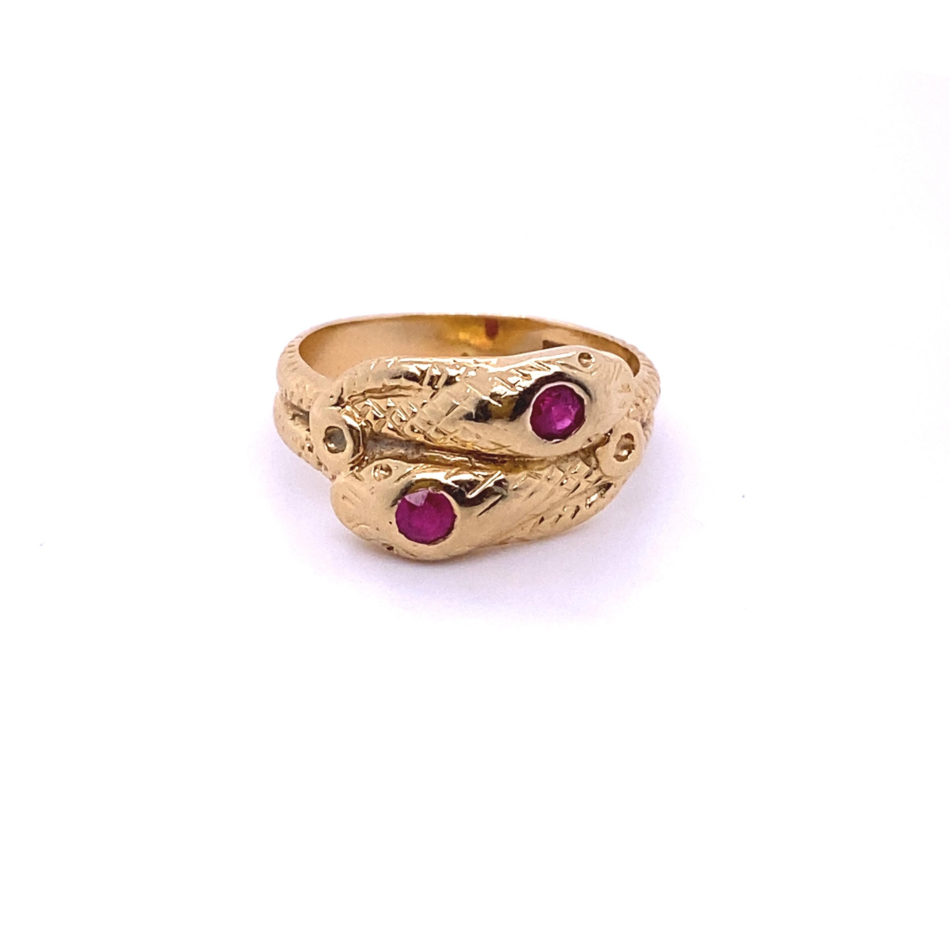 Round Cut 14kt Yellow Gold, Ruby Head, Textured Double Snake Ring