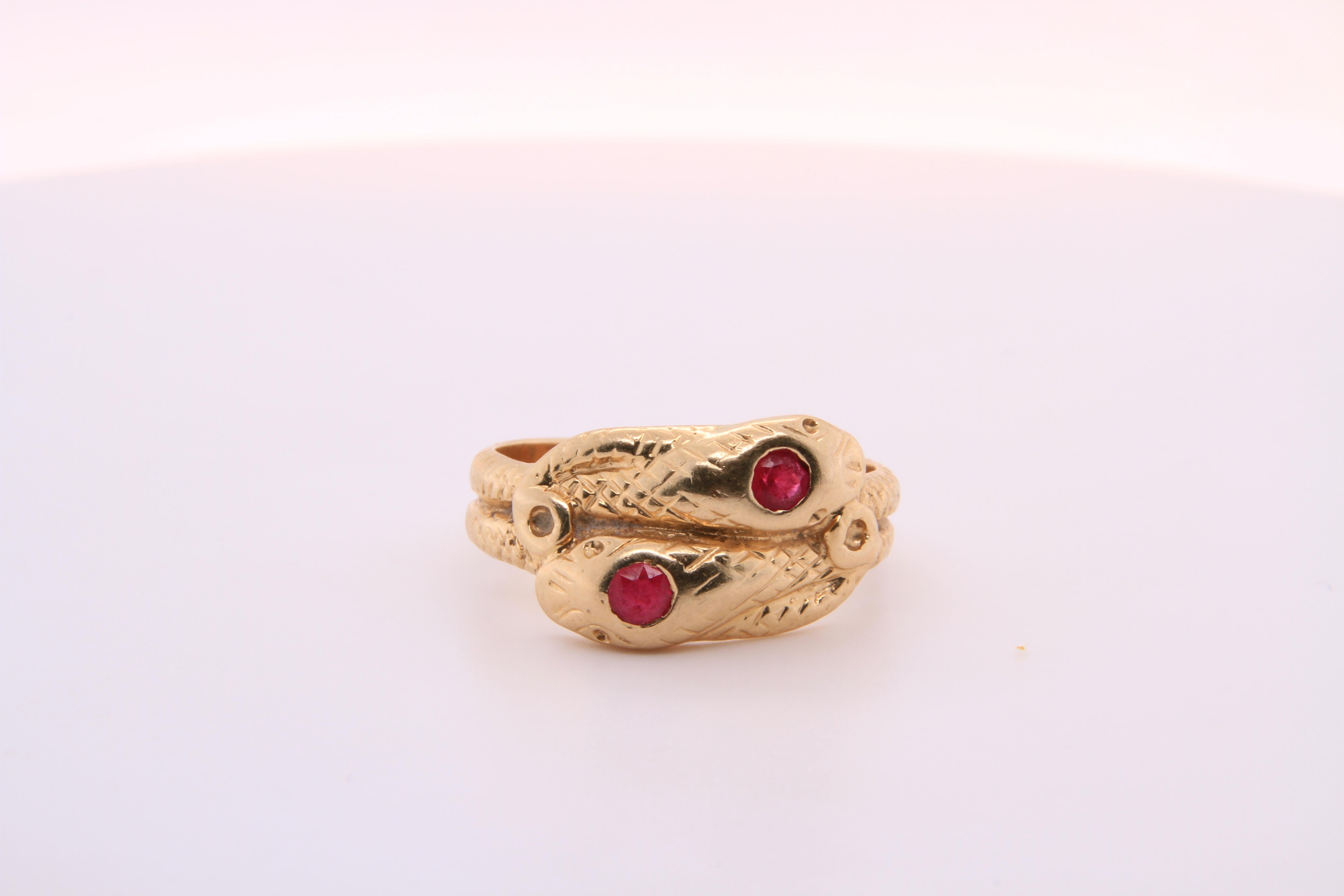 Artisan 14kt Yellow Gold, Ruby Head, Textured Double Snake Ring