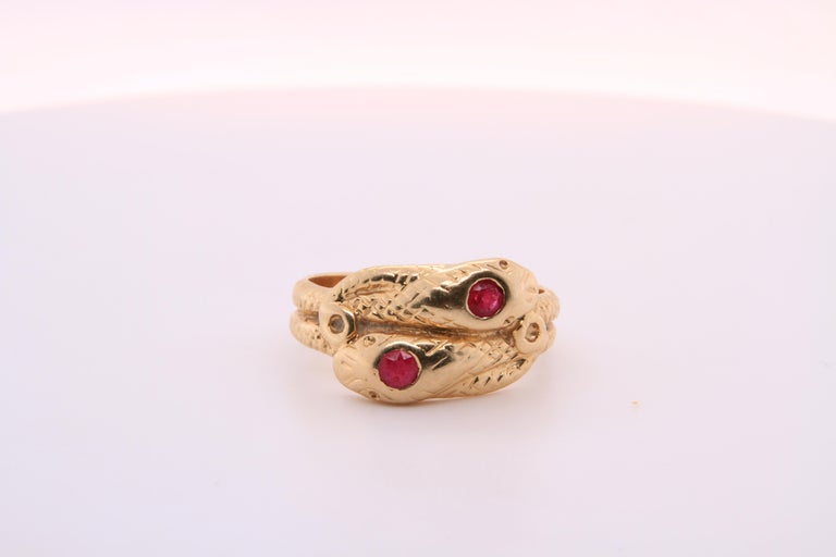 14kt Yellow Gold, Ruby Head, Textured Double Snake Ring at 1stDibs