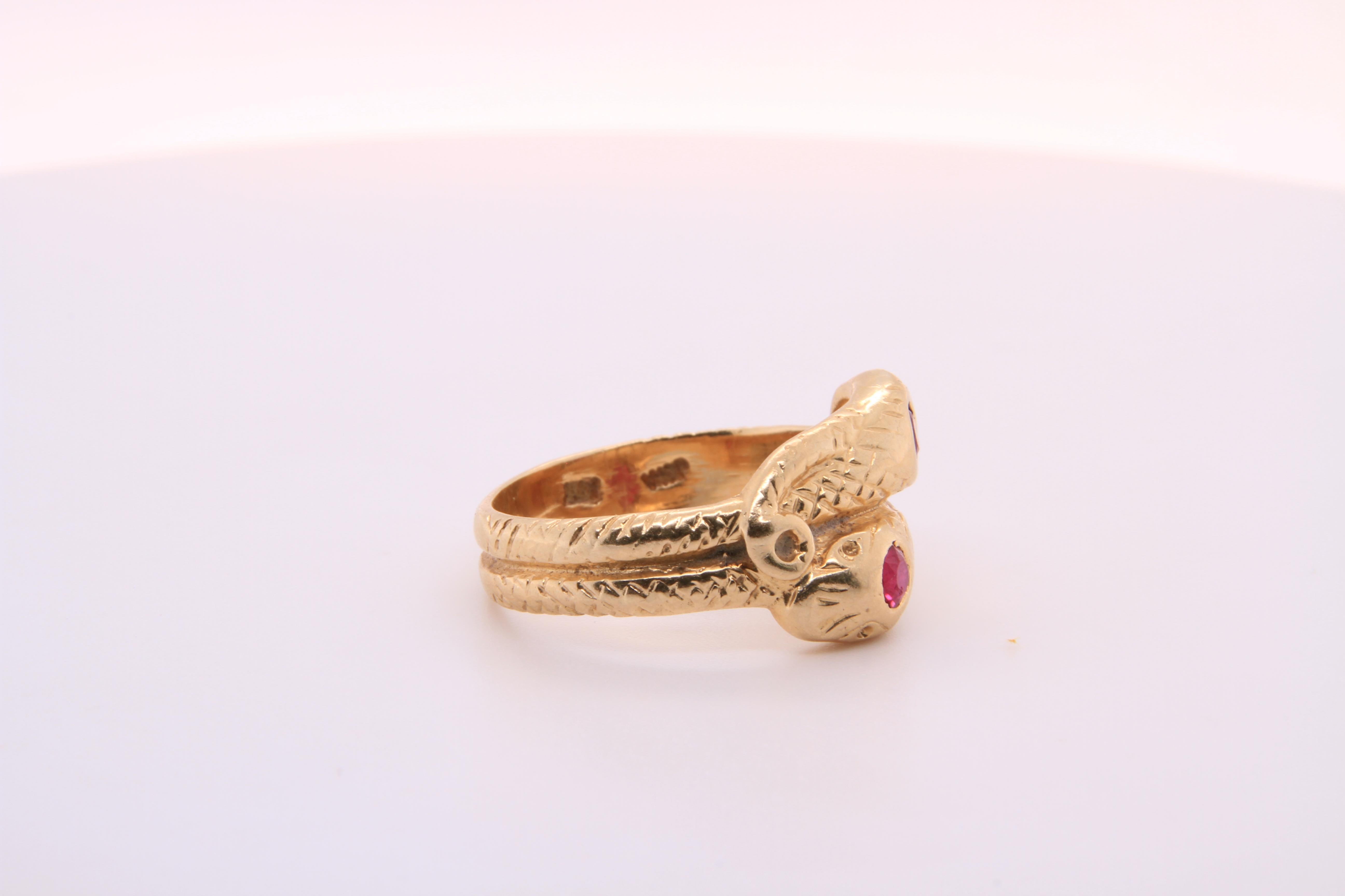 14kt Yellow Gold, Ruby Head, Textured Double Snake Ring In Good Condition In Bozeman, MT