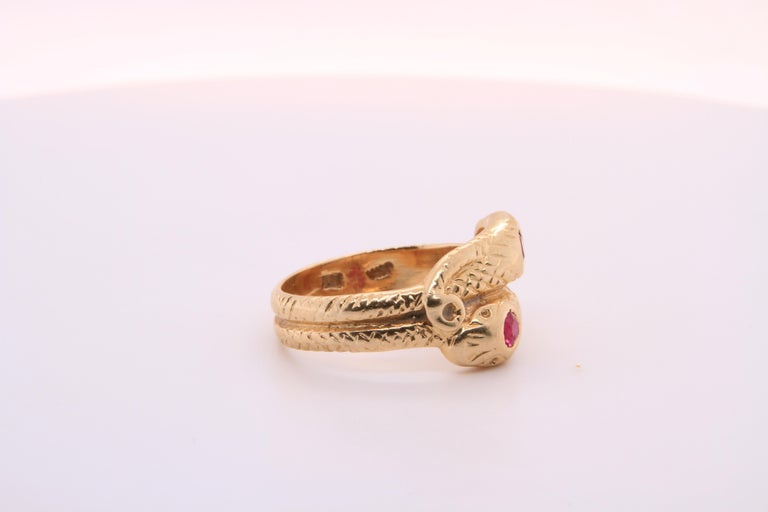 14kt Yellow Gold, Ruby Head, Textured Double Snake Ring at 1stDibs