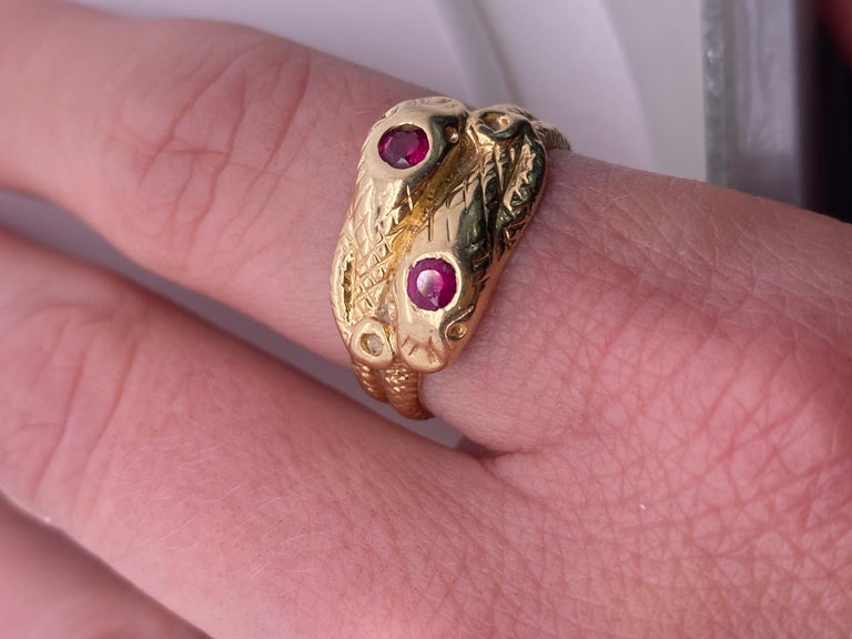 14kt Yellow Gold, Ruby Head, Textured Double Snake Ring at 1stDibs