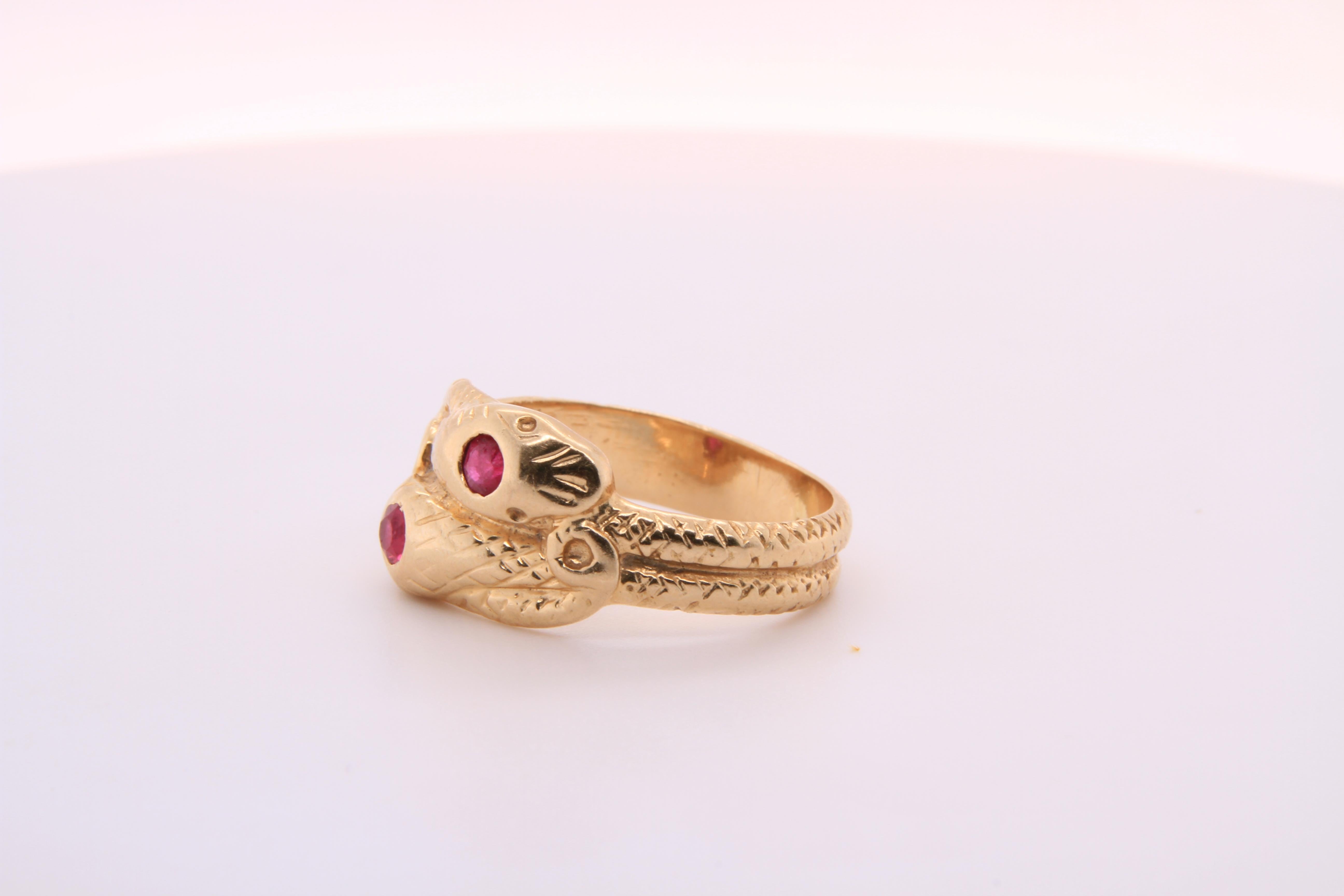 Women's or Men's 14kt Yellow Gold, Ruby Head, Textured Double Snake Ring