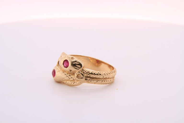 14kt Yellow Gold, Ruby Head, Textured Double Snake Ring at 1stDibs