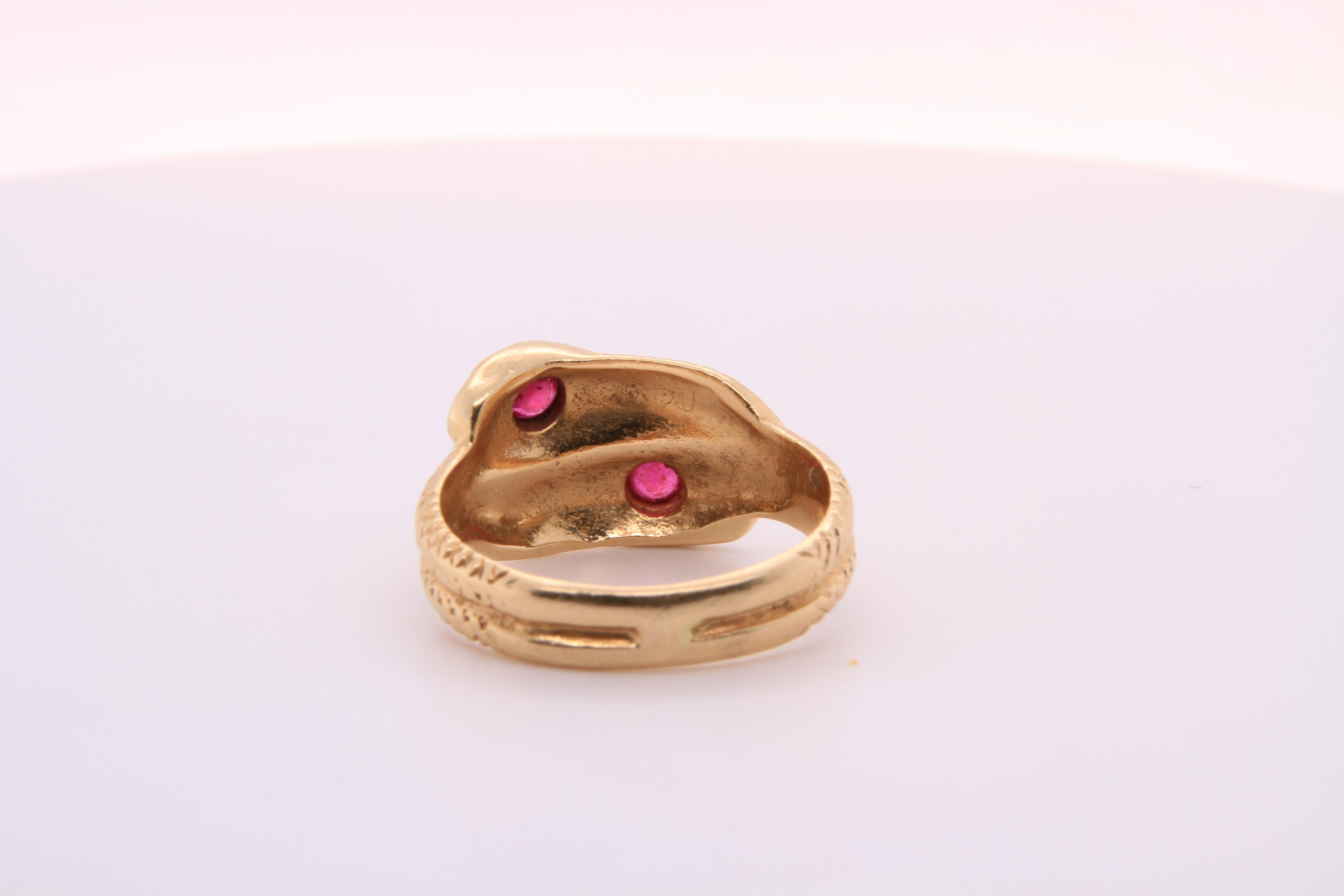 14kt Yellow Gold, Ruby Head, Textured Double Snake Ring 1