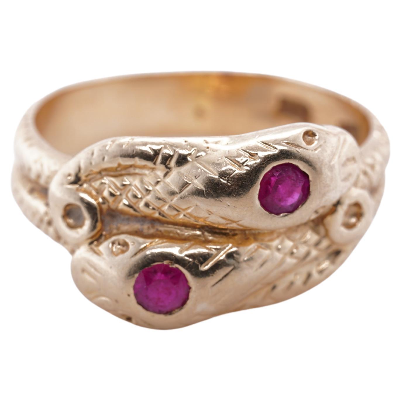 14kt Yellow Gold, Ruby Head, Textured Double Snake Ring