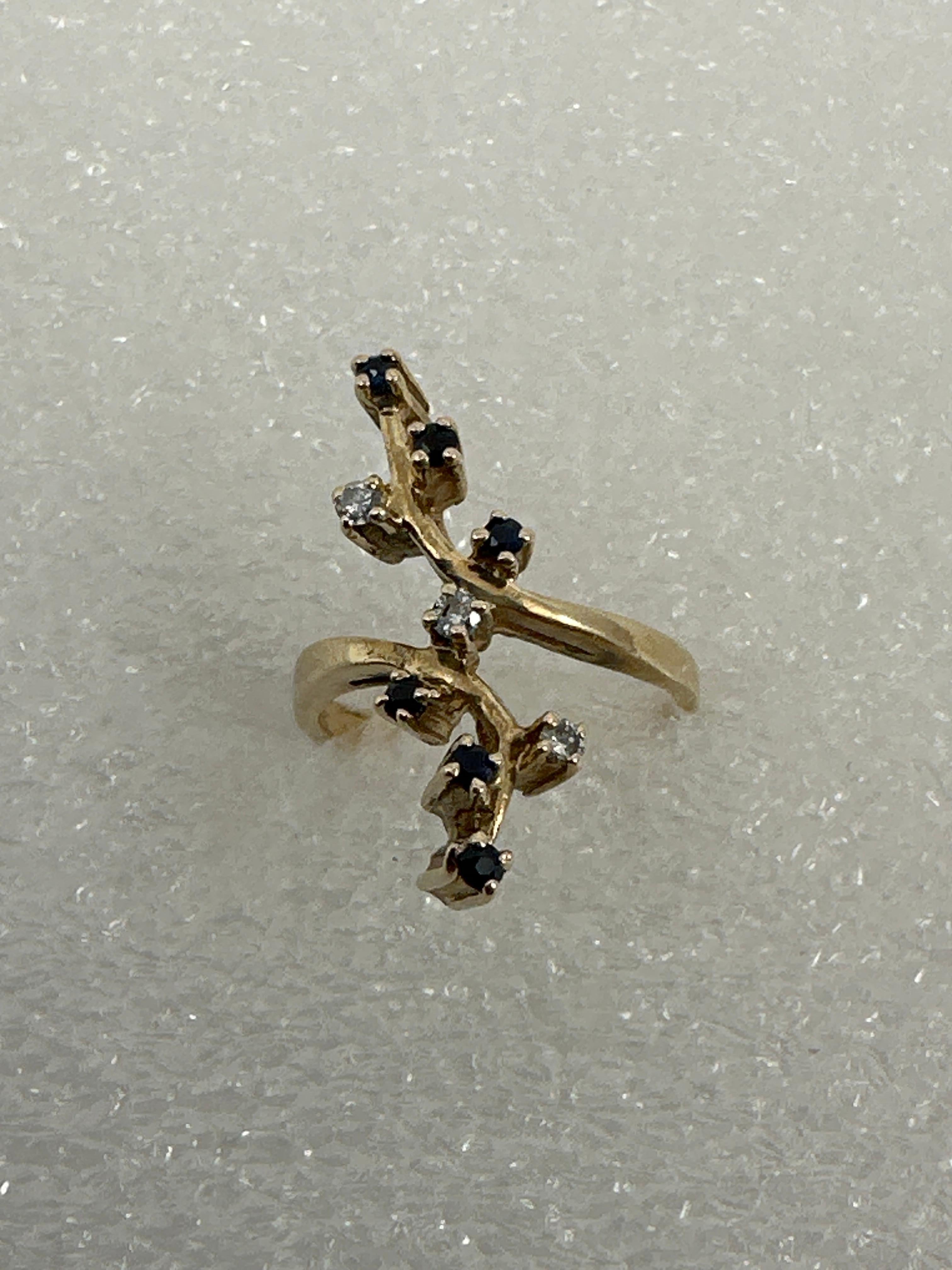 Women's 14kt Yellow Gold Sapphire and Diamond 1” wide Ring Size 4 1/4 For Sale