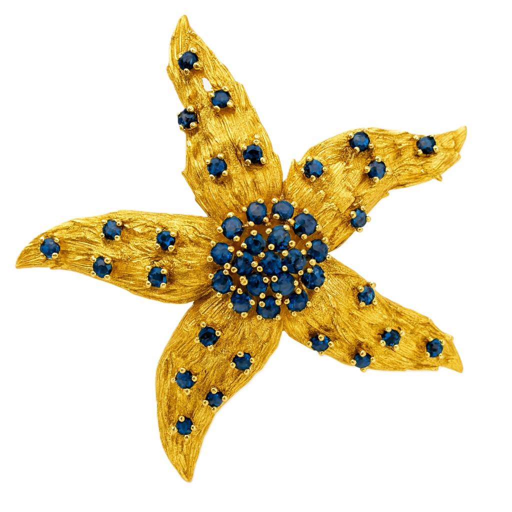 Donna Spilla con stella marina in oro giallo 14kt - 1,25 carati di zaffiri blu in vendita