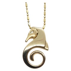 14kt Yellow Gold Seahorse Diamond Pendant, Chain, Satin/Polish Finish