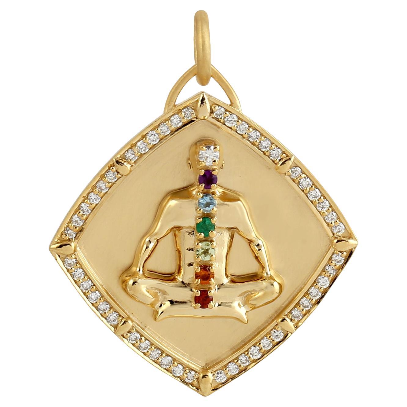 14KT Yellow Gold Seven Chakra Meditation Diamond 
Multi-Gemstone Pendant