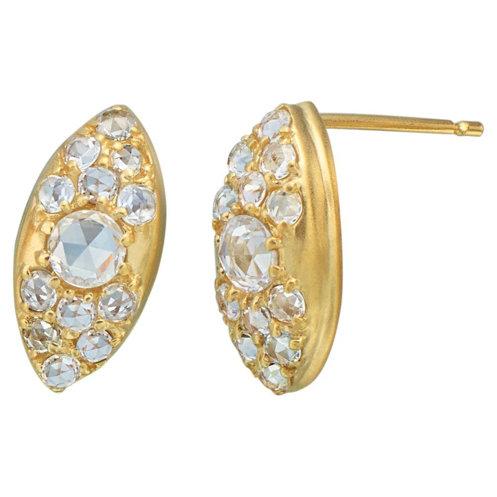 14 Karat Yellow Gold Shield Stud Earrings with Rose Cut White Sapphires