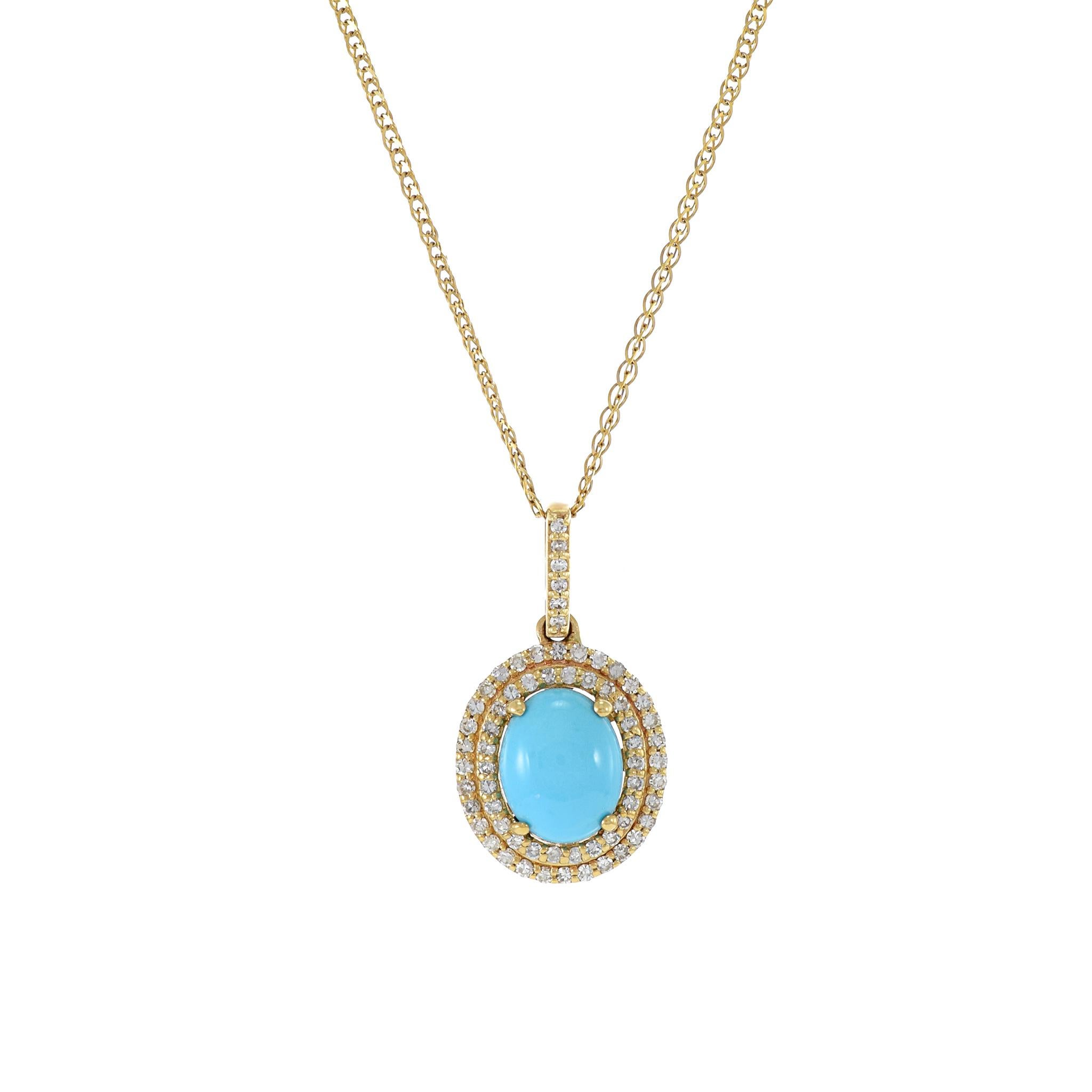 14KT yellow gold sleeping beauty turquoise and diamond pendant necklace. This stunning piece of jewelry is crafted from 14KT yellow gold and features a vibrant oval turquoise surrounded by a double halo of round cut diamonds weighing 0.33CT-TW, the