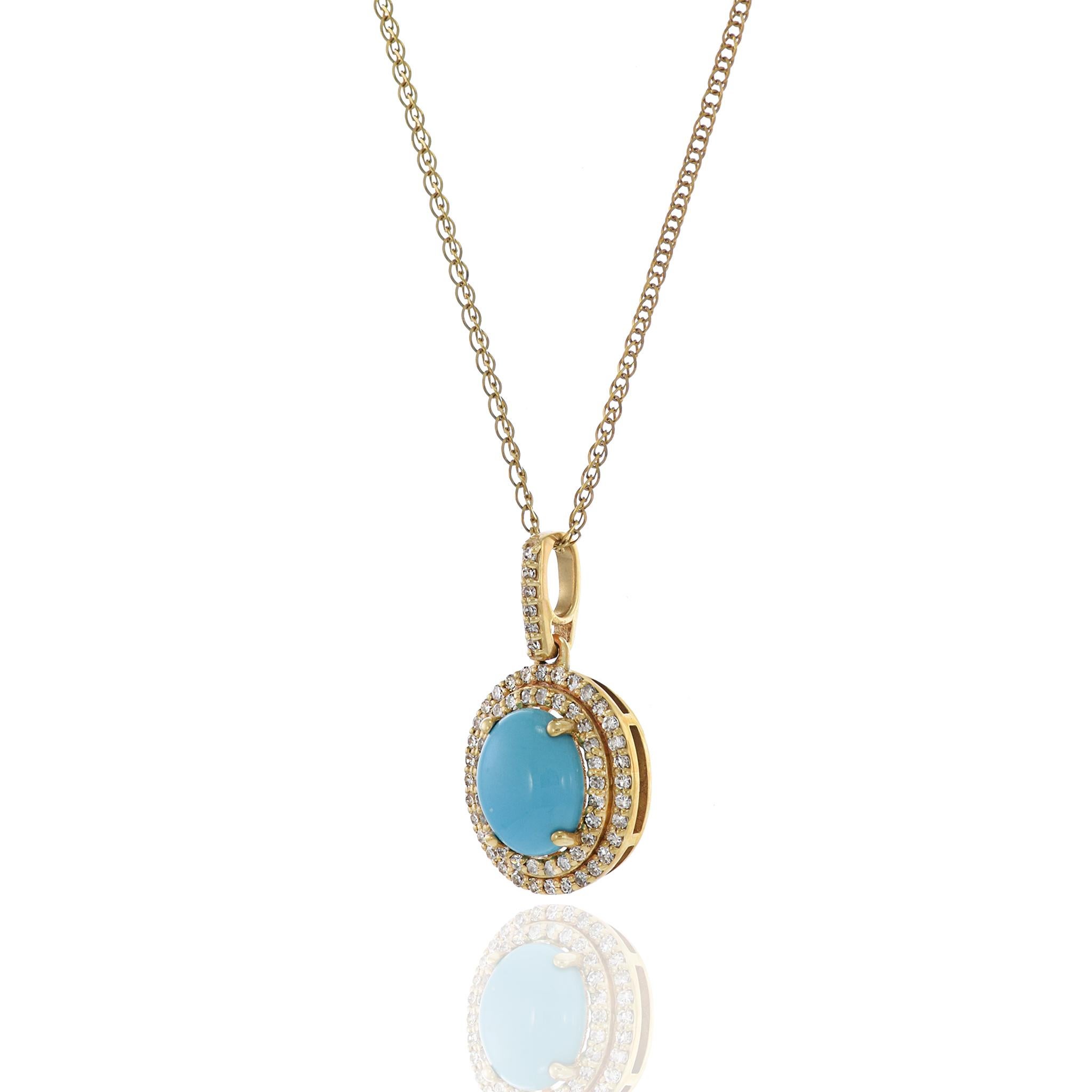 Oval Cut 14KT Yellow Gold Sleeping Beauty Turquoise And Diamond Pendant For Sale