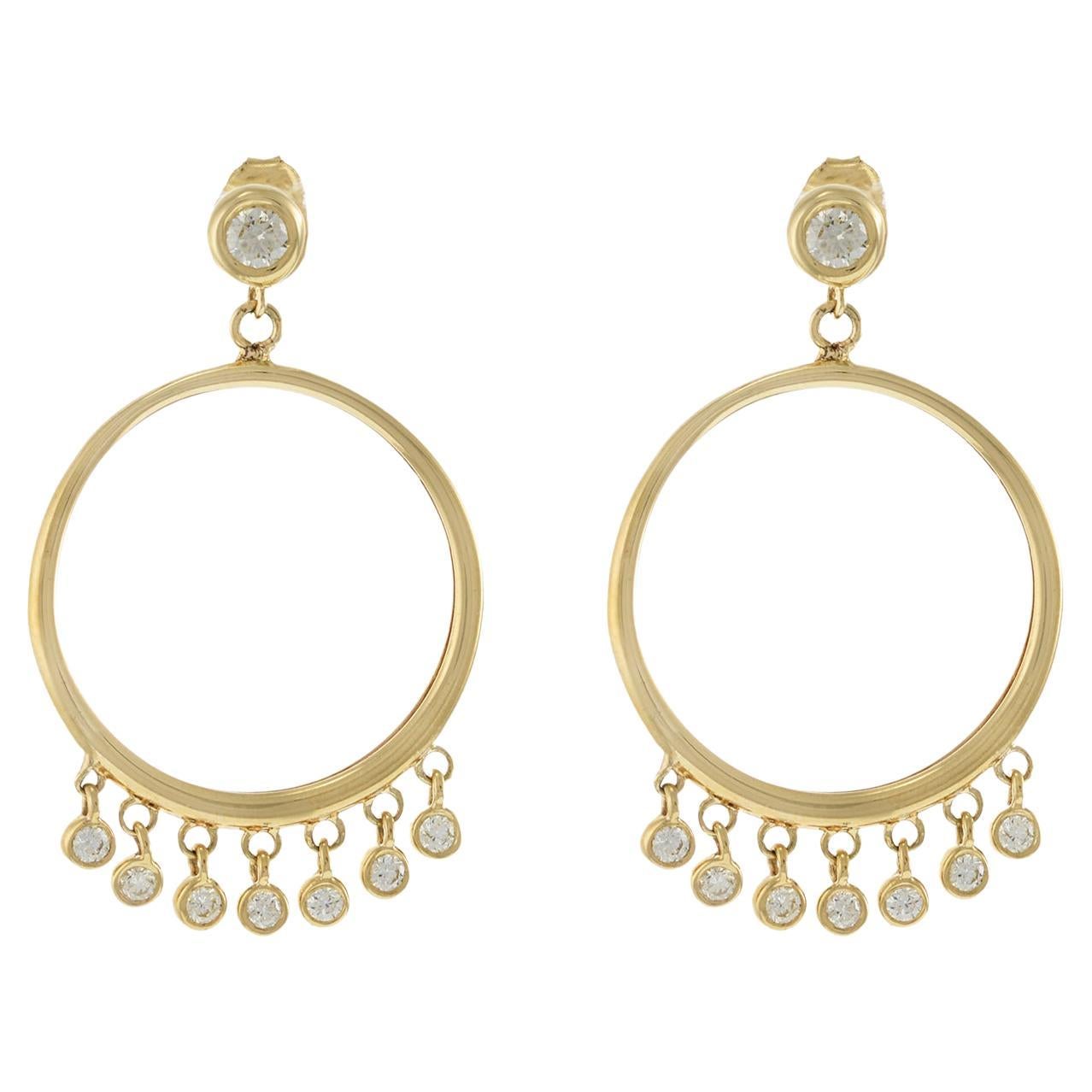 14KT Gelbgold Ohrringe mit offenem Kreis und hängenden Diamanten in Lünettenfassung im Angebot