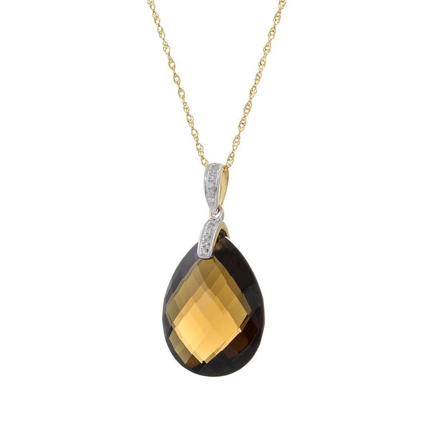 14KT Yellow Gold Smokey Topaz and Diamond Pendant Necklace. Featuring a 14.55ct faceted smoky topaz briolette drop and 0.03ct-tw round-cut diamonds, this necklace on a 14KT yellow gold wheat chain adds sophistication and glamour to any ensemble.