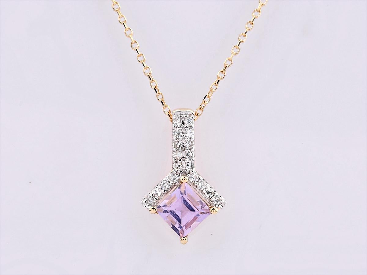 Colgante Gota Cuadrada Amatista y Diamante Oro Amarillo 14KT Contemporáneo en venta
