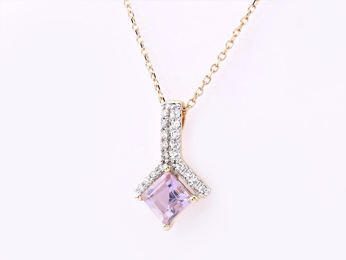 Colgante Gota Cuadrada Amatista y Diamante Oro Amarillo 14KT Corte brillante en venta