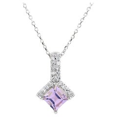 14KT White Gold Square Amethyst and Diamond Drop Pendant
