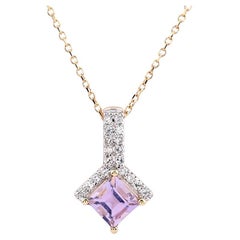 14KT Yellow Gold Square Amethyst and Diamond Drop Pendant