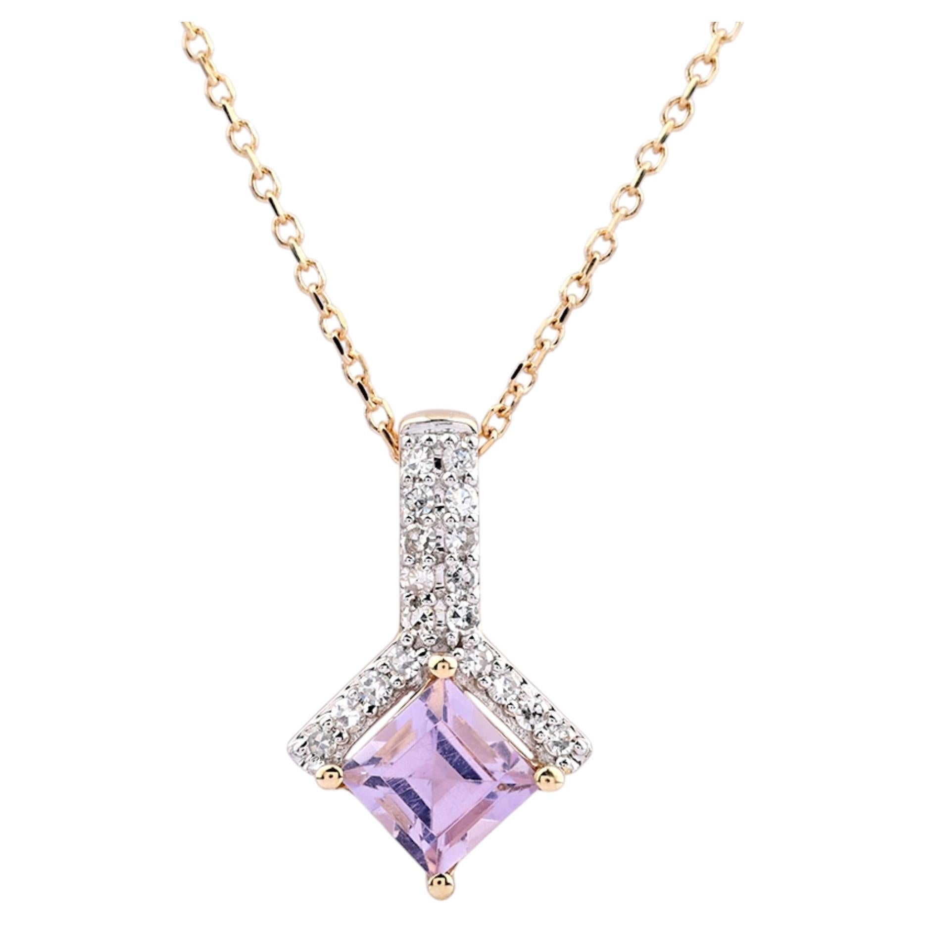 Pendentif carré en or jaune 14KT avec améthyste et diamant