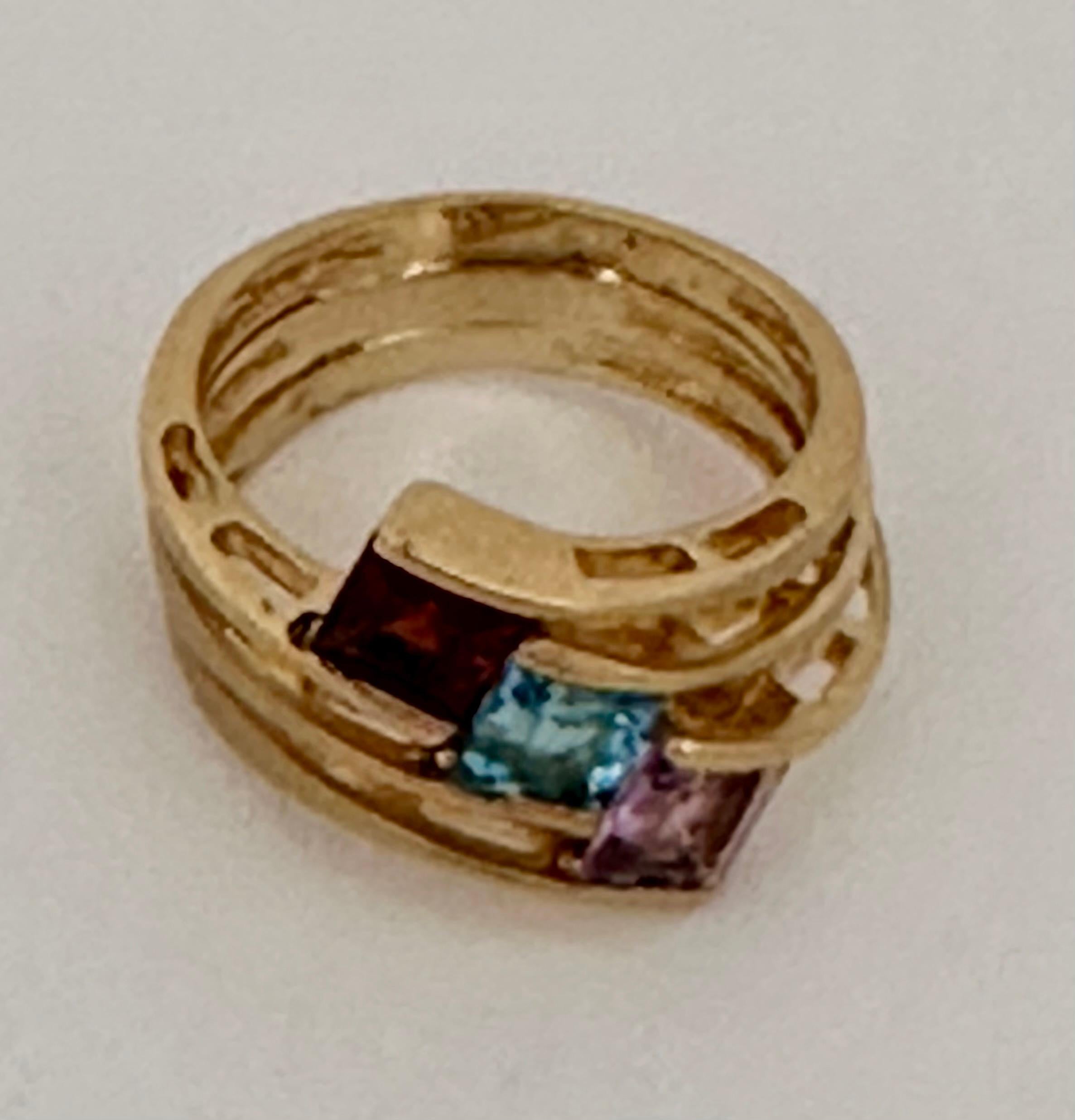 Artisan 14kt Yellow Gold Square Cut Garnet Amethyst Blue Topaz 14mm Wide Band Ring Sz 7 For Sale