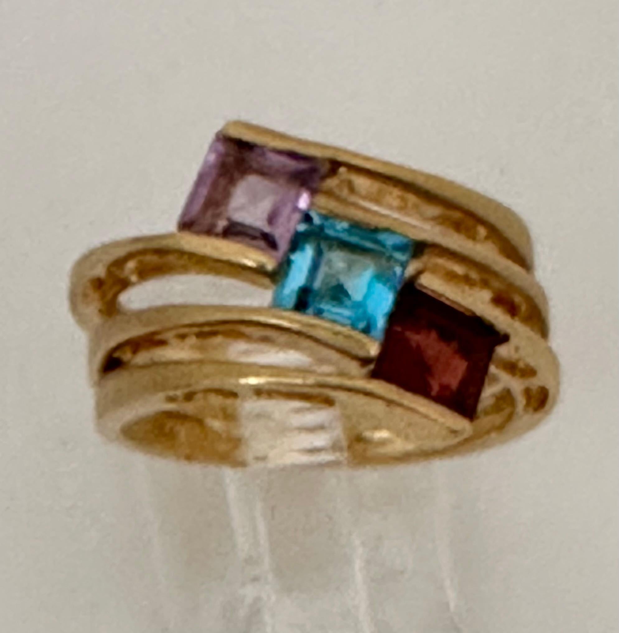 14kt Yellow Gold Square Cut Garnet Amethyst Blue Topaz 14mm Wide Band Ring Sz 7 For Sale 1