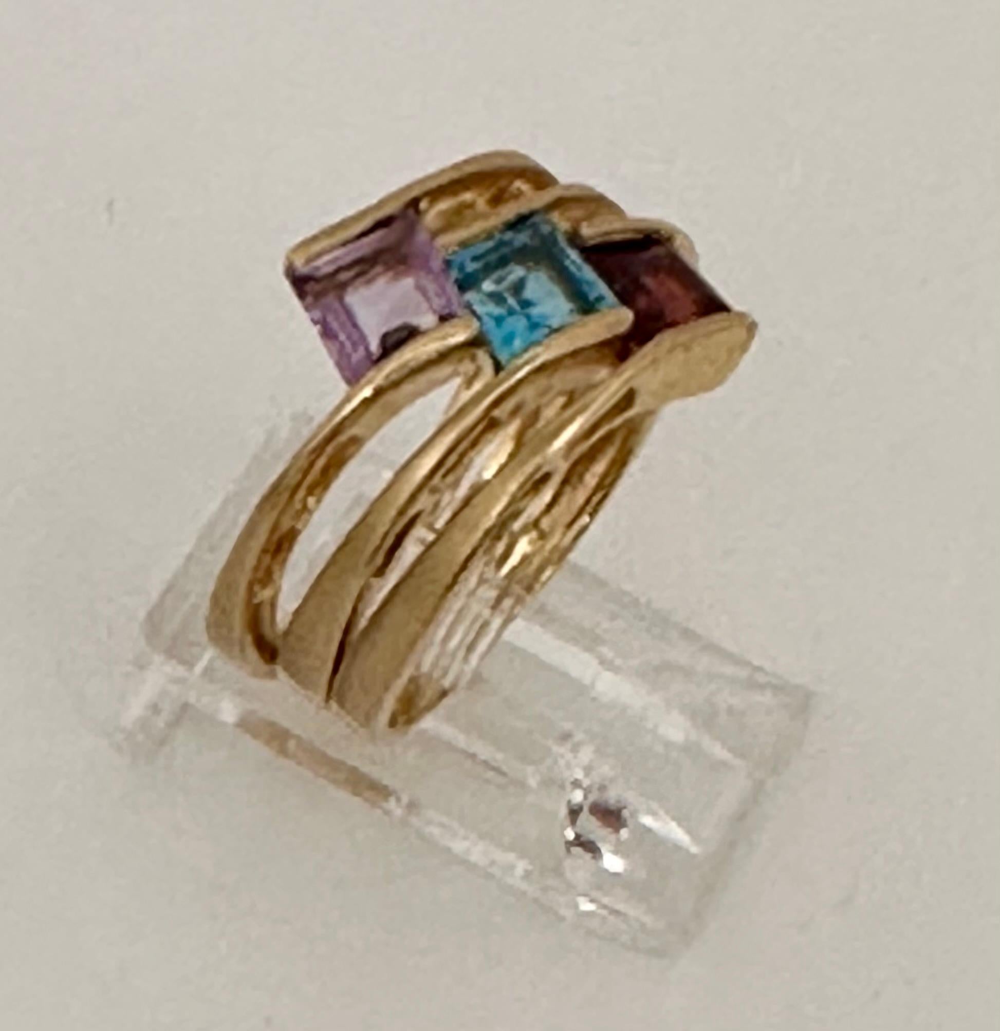 14kt Yellow Gold Square Cut Garnet Amethyst Blue Topaz 14mm Wide Band Ring Sz 7 For Sale 2