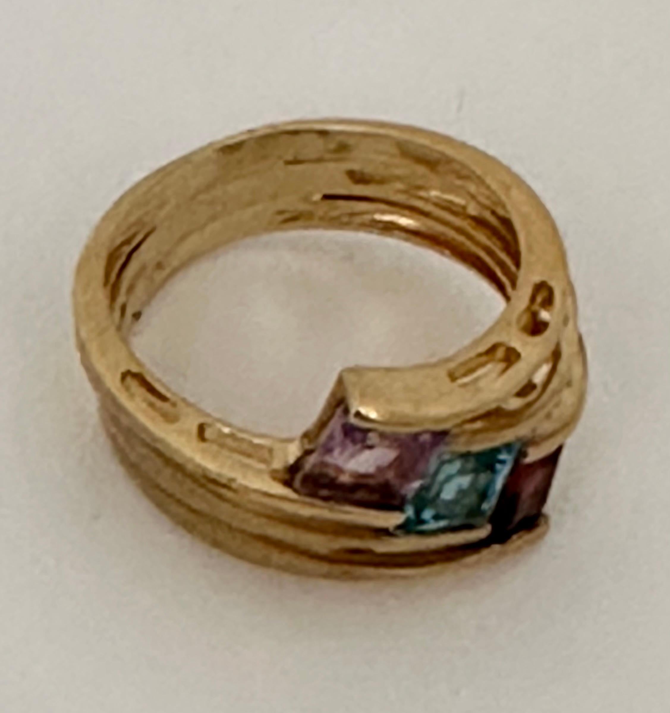 14kt Yellow Gold Square Cut Garnet Amethyst Blue Topaz 14mm Wide Band Ring Sz 7 For Sale 3