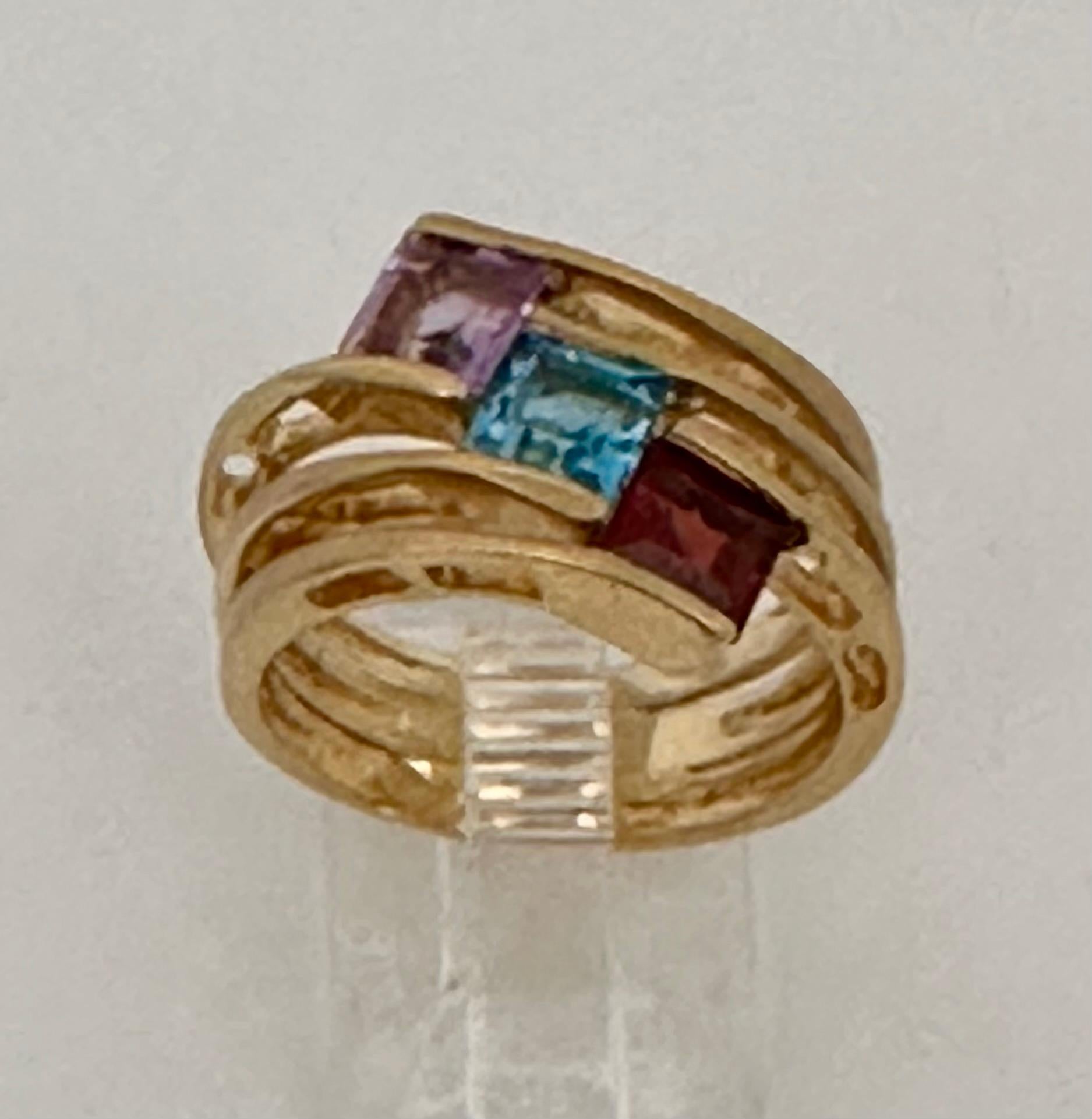 14kt Yellow Gold Square Cut Garnet Amethyst Blue Topaz 14mm Wide Band Ring Sz 7 For Sale 4
