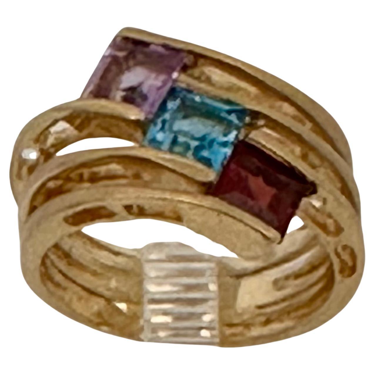 14kt Yellow Gold Square Cut Garnet Amethyst Blue Topaz 14mm Wide Band Ring Sz 7 For Sale