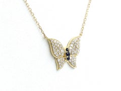 14KT Yellow Gold Sterling Blue Sapphire and White Diamond Butterfly Necklace