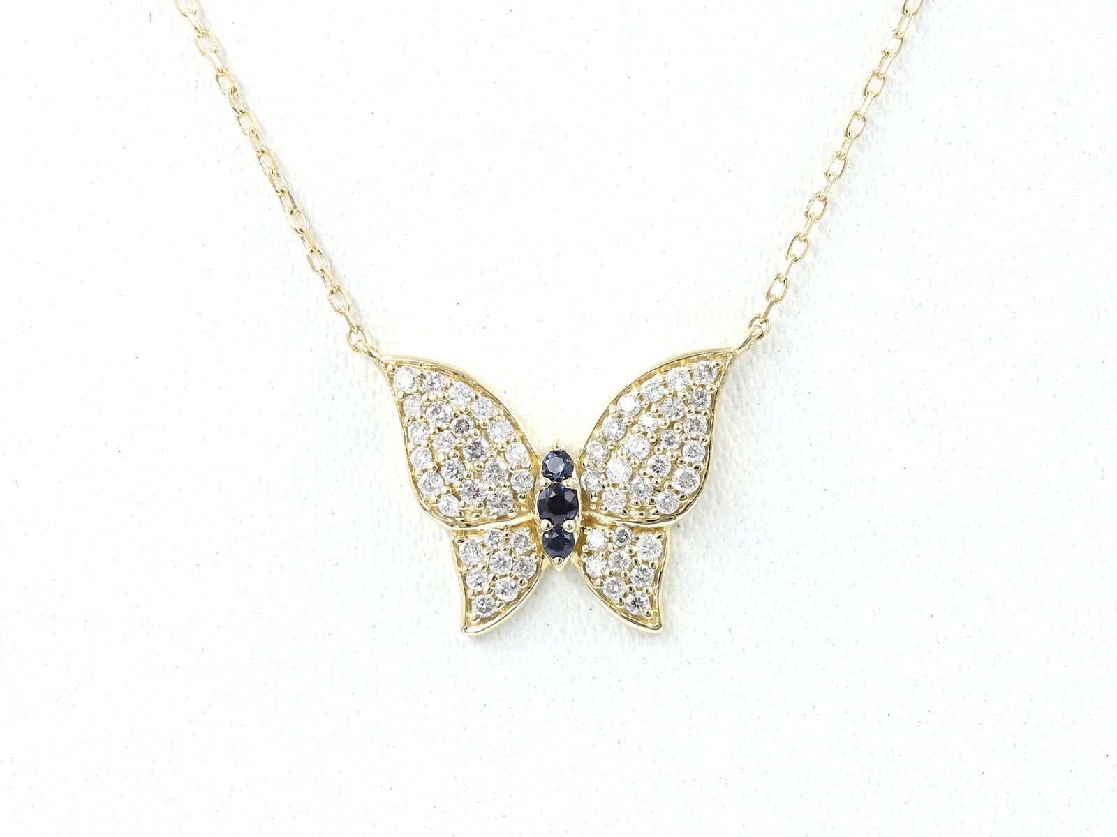 Contemporain Collier papillon en or jaune 14KT, saphir bleu et diamant blanc en vente