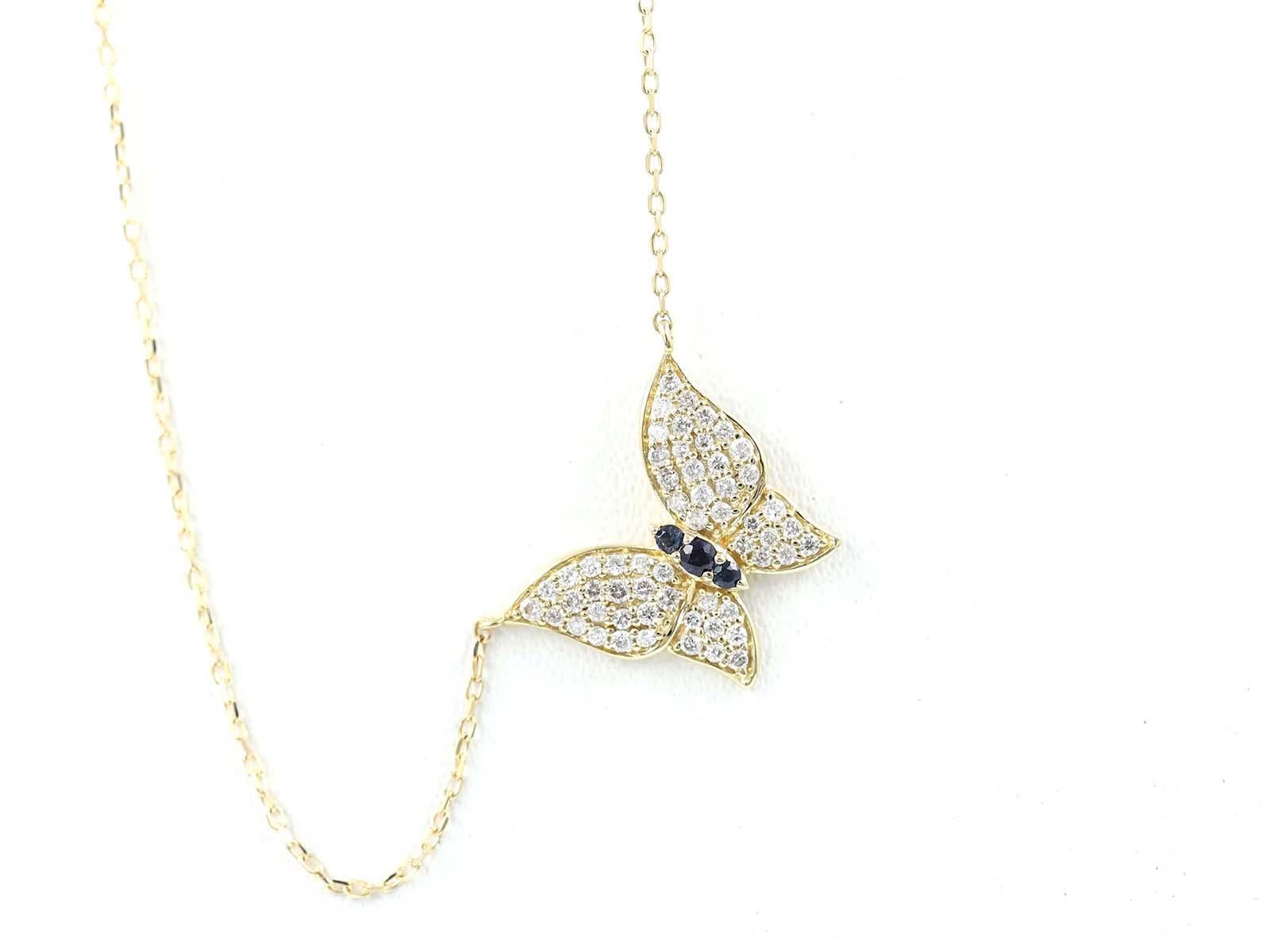 Collier papillon en or jaune 14KT, saphir bleu et diamant blanc Pour femmes en vente