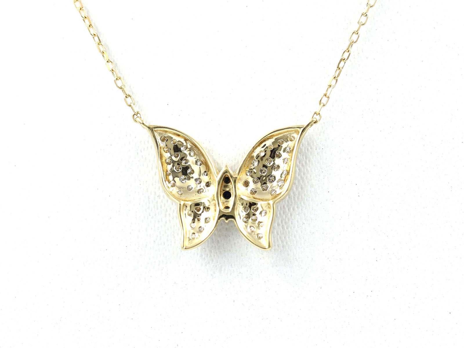 Collier papillon en or jaune 14KT, saphir bleu et diamant blanc en vente 1