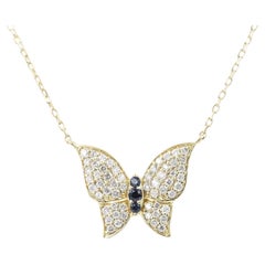 14KT Yellow Gold Sterling Blue Sapphire and White Diamond Butterfly Necklace